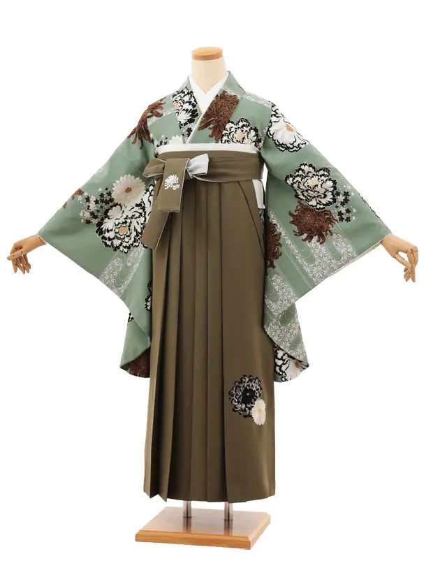 卒業袴T158　紅一点 ペールグリーン菊牡丹×モスグリーン