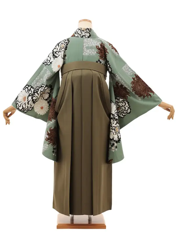 卒業袴T158　紅一点 ペールグリーン菊牡丹×モスグリーン