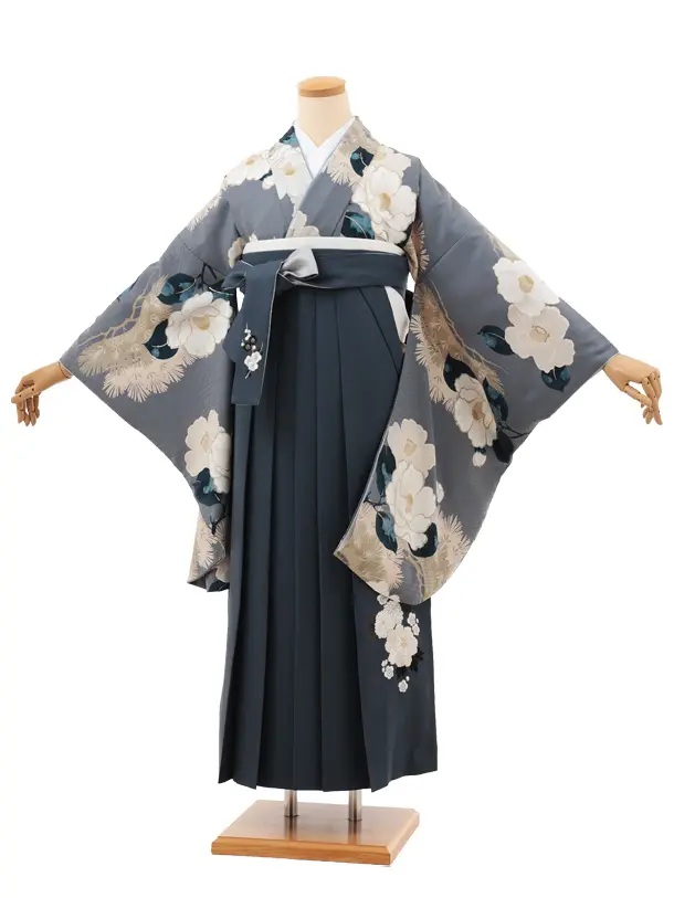 卒業袴T160 九重 グレー松に椿×グレー