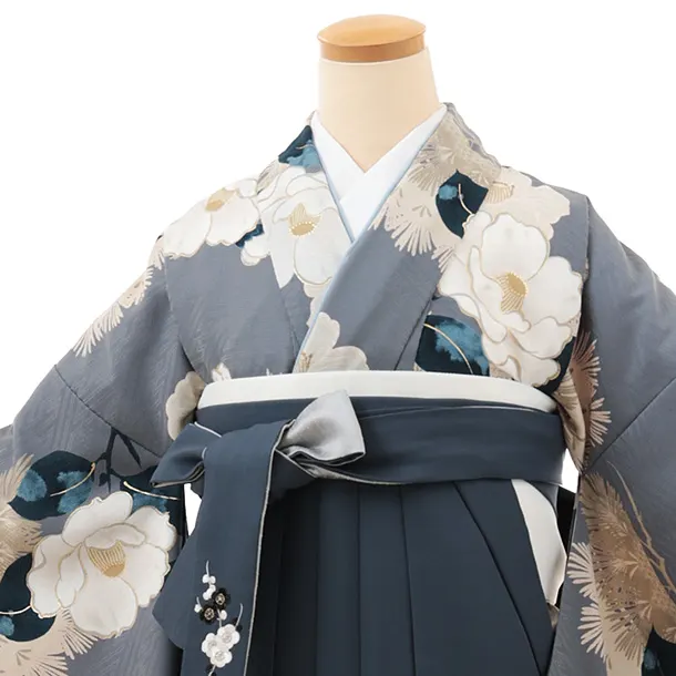 卒業袴T160 九重 グレー松に椿×グレー