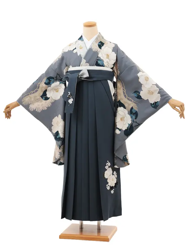 卒業袴T161 九重 グレー松に椿×グレー