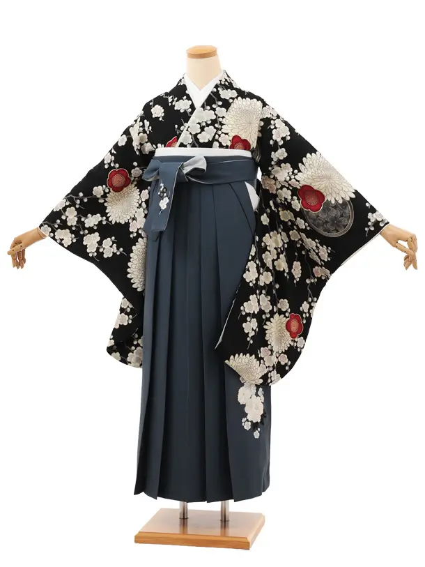 卒業袴T164 九重 黒 梅に菊×グレー