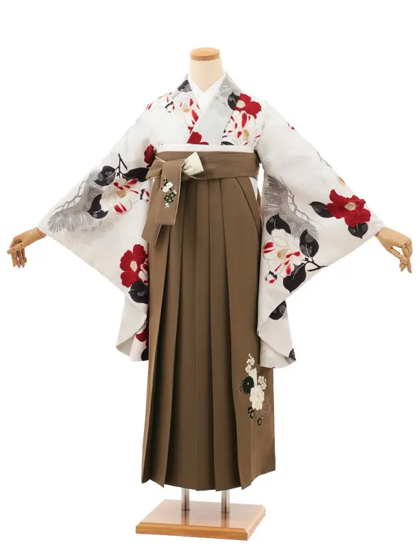 卒業袴T166 九重 白 松に椿×モカブラウン