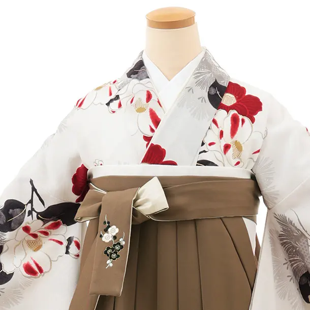 卒業袴T166 九重 白 松に椿×モカブラウン