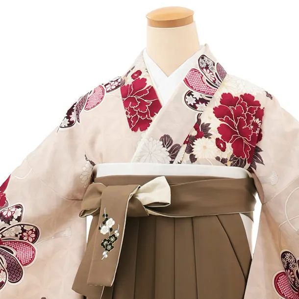 卒業袴T169 九重 ベージュ牡丹×モカブラウン