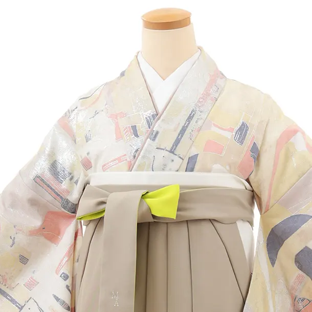 卒業袴T173 ﾓﾀﾞﾝｱﾝﾃﾅ ベージュGondola×ベージュ蛍光グリーン