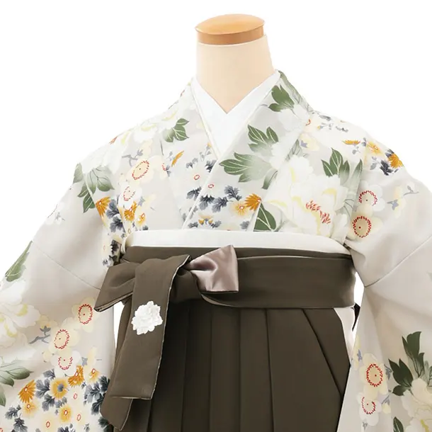卒業袴T193 Kansai グリーンベージュ花×カーキグレー