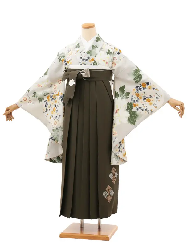 卒業袴T194 Kansai グリーンベージュ花×カーキグレー