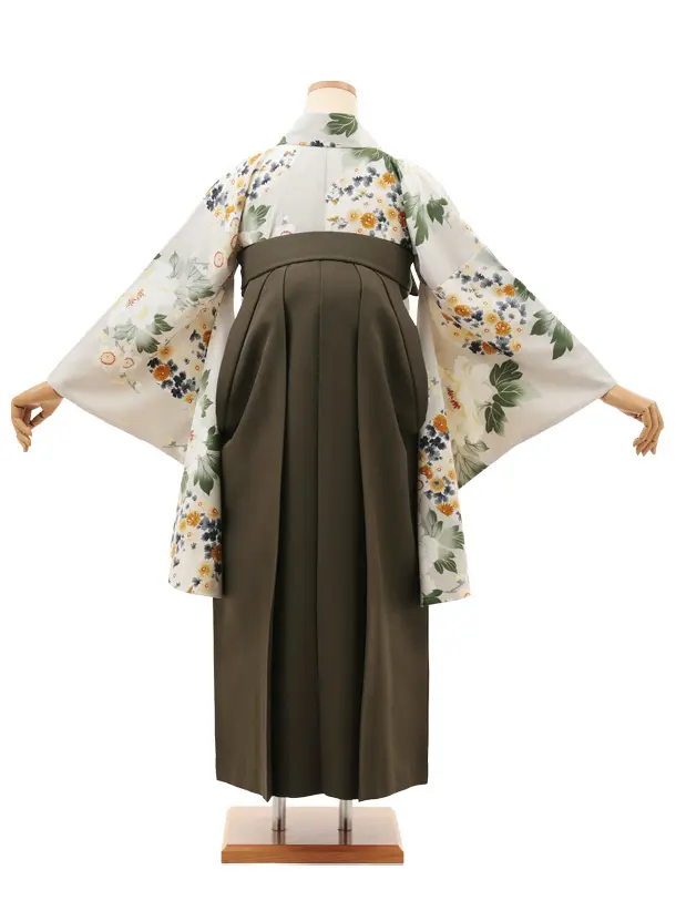 卒業袴T194 Kansai グリーンベージュ花×カーキグレー