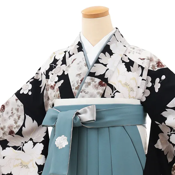 卒業袴T197 Kansai 濃藍花×ペールブルー