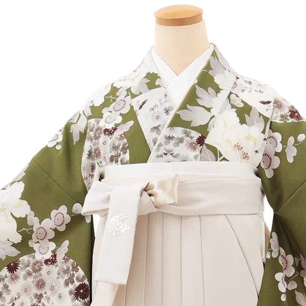 卒業袴T203 Kansai 抹茶色花×アイボリー