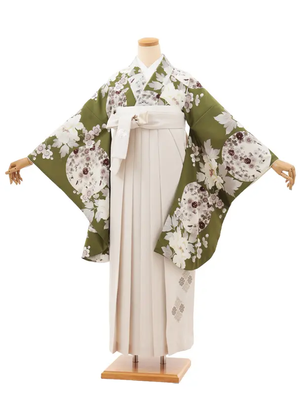 卒業袴T205 Kansai 抹茶色花×アイボリー