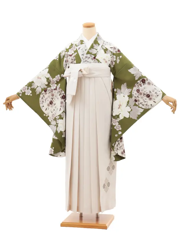 卒業袴T205 Kansai 抹茶色花×アイボリー
