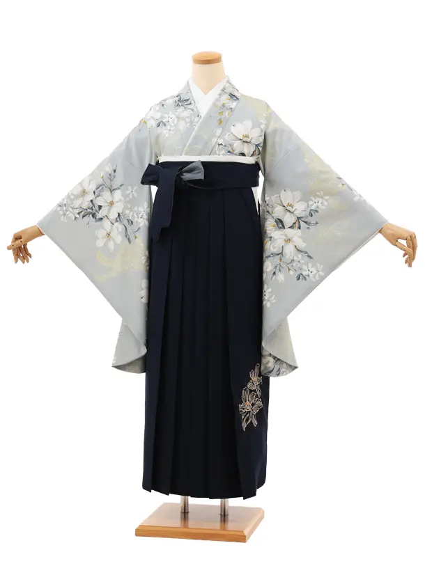 卒業袴T211 SUGARKEI ブルーグレー花×ネイビー