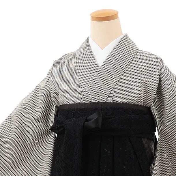 卒業袴T214 白黒千鳥ラインストーン×黒レース