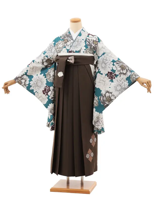 卒業袴T230 Kansai スモーキーターコイズ 花×カーキグレー