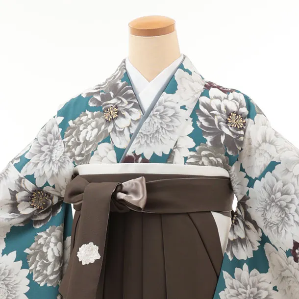 卒業袴T230 Kansai スモーキーターコイズ 花×カーキグレー