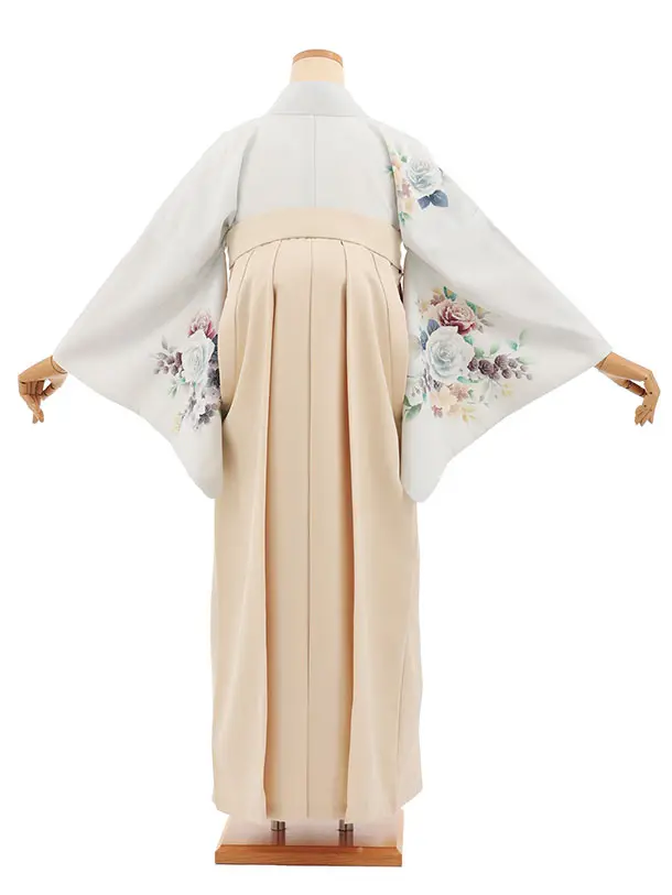 先生,教員向け袴レンタルT237【小袖】　薄グレー花×ベージュ