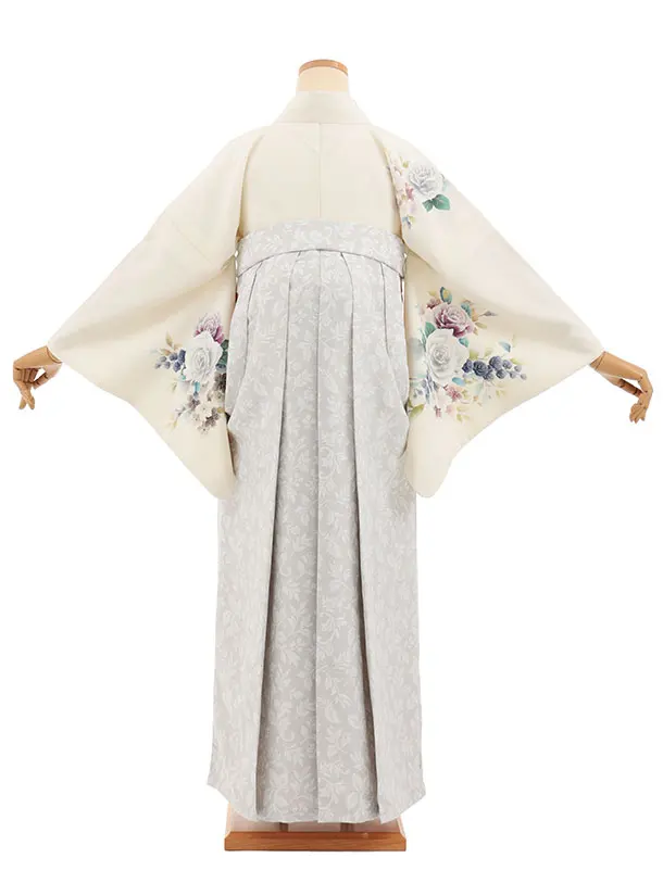 先生,教員向け袴レンタルT240【小袖】　クリーム花×薄グレー花
