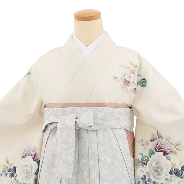 先生,教員向け袴レンタルT240【小袖】　クリーム花×薄グレー花