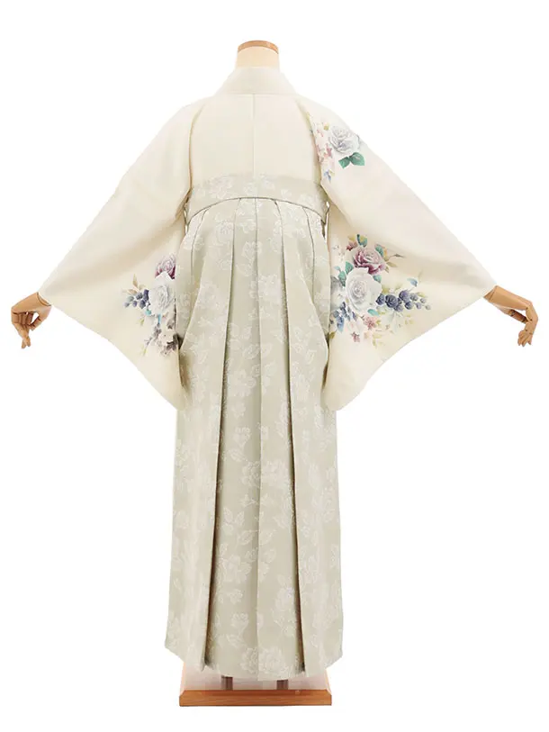 先生,教員向け袴レンタルT241　クリーム花×薄グリーン花