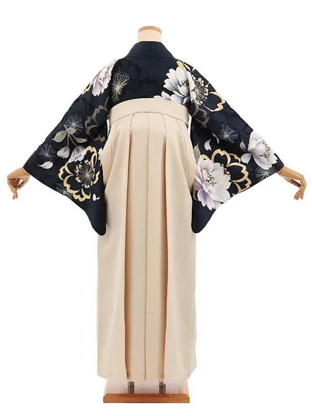 先生,教員向け袴レンタルT242【小袖】　濃紺牡丹×ベージュ