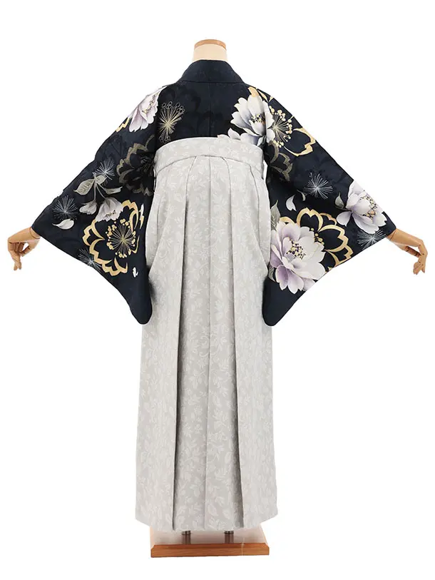 先生,教員向け袴レンタルT243【小袖】　濃紺牡丹×薄グレー花