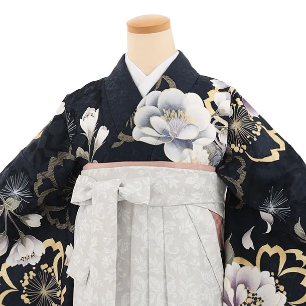 先生,教員向け袴レンタルT243【小袖】　濃紺牡丹×薄グレー花