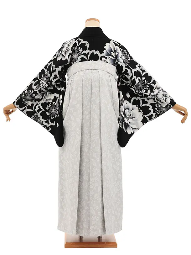 先生,教員向け袴レンタルT244　黒地牡丹×薄グレー花