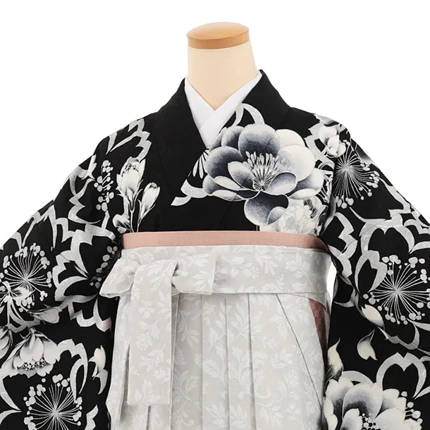 先生,教員向け袴レンタルT244　黒地牡丹×薄グレー花