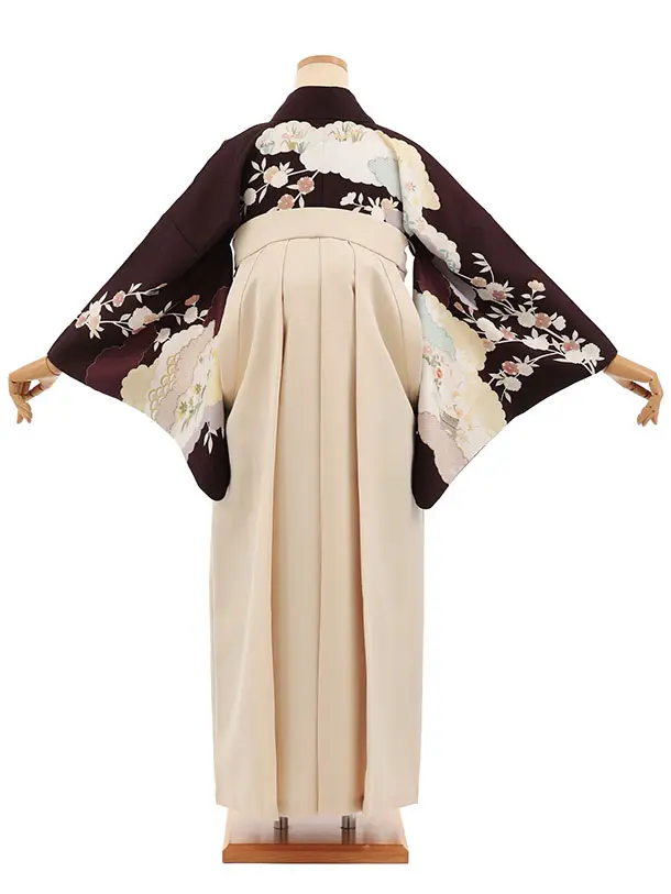 先生,教員向け袴レンタルT246【小袖】　ブラウン雲取りに桜×ベージュ