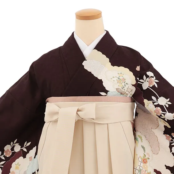 先生,教員向け袴レンタルT246【小袖】　ブラウン雲取りに桜×ベージュ