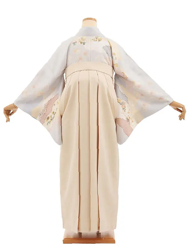 先生,教員向け袴レンタルT248【小袖】　ラベンダーブルー雲取りに桜×ベージュ