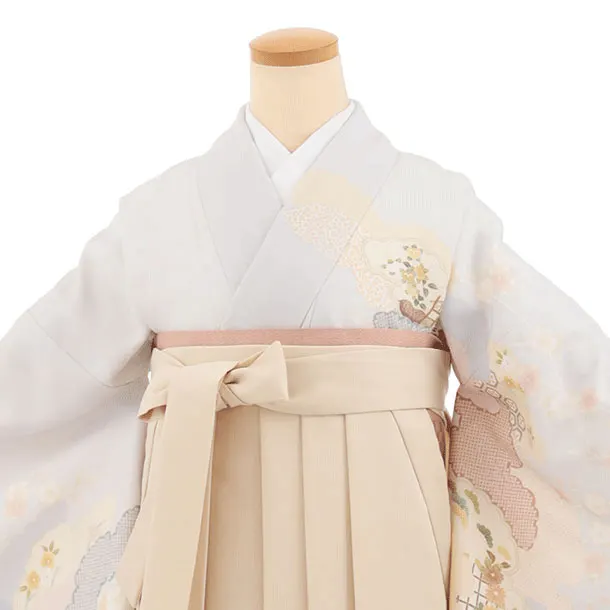 先生,教員向け袴レンタルT248【小袖】　ラベンダーブルー雲取りに桜×ベージュ