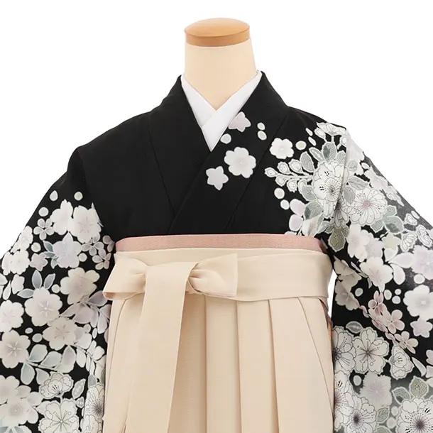 先生,教員向け袴レンタルT252　黒地辻が花調×ベージュ