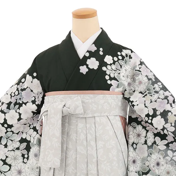 先生,教員向け袴レンタルT253　深緑辻が花調×薄グレー花