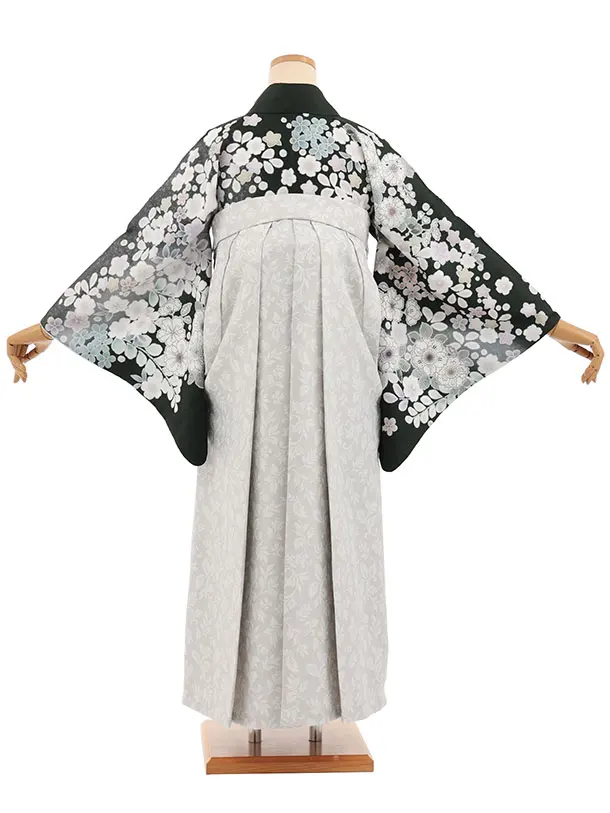 先生,教員向け袴レンタルT254【小袖】　深緑辻が花調×薄グレー花