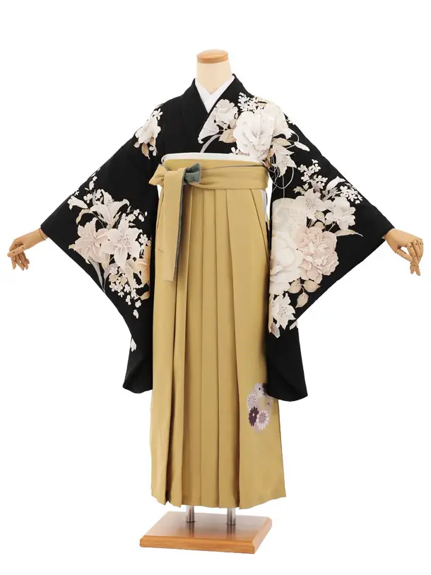 卒業袴T258黒地花×ペールマスタード　