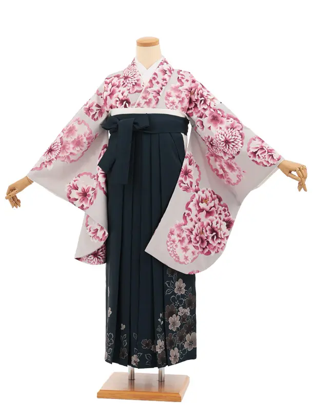 卒業袴T259グレー雪輪花×紺花　