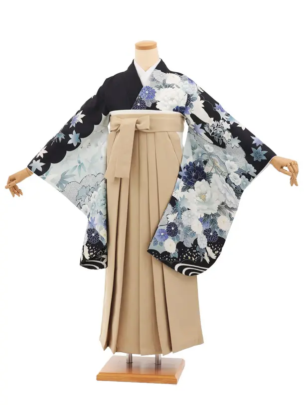 先生,教員向け袴レンタルT270紺地古典花×モカベージュ　