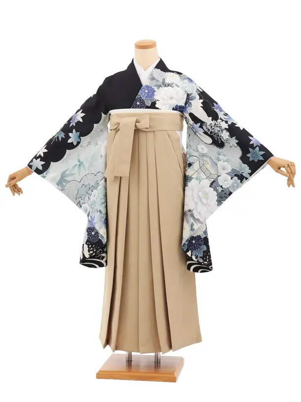 先生,教員向け袴レンタルT270紺地古典花×モカベージュ　