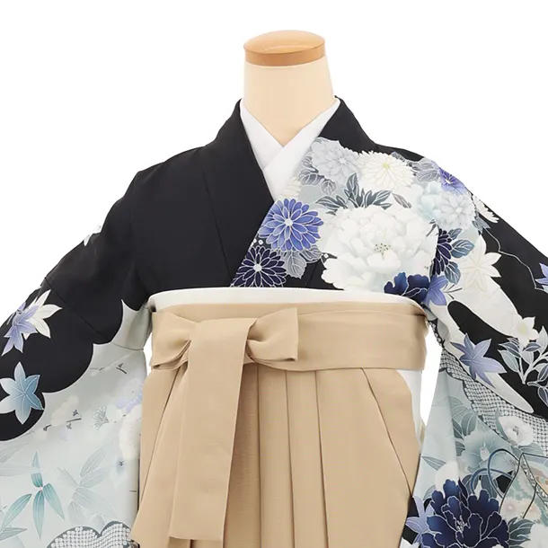 先生,教員向け袴レンタルT270紺地古典花×モカベージュ　