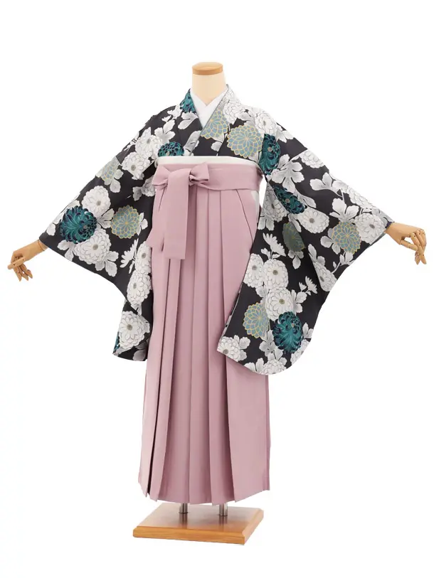 先生,教員向け袴レンタルT271チャコールグレー菊×ピンクパープル　
