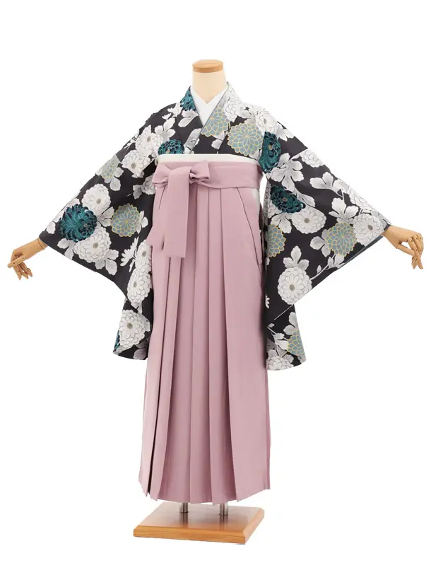 先生,教員向け袴レンタルT271チャコールグレー菊×ピンクパープル　