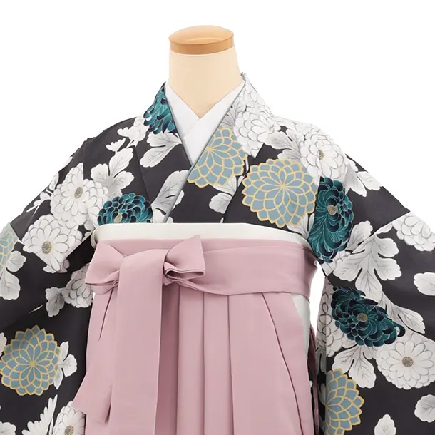 先生,教員向け袴レンタルT271チャコールグレー菊×ピンクパープル　