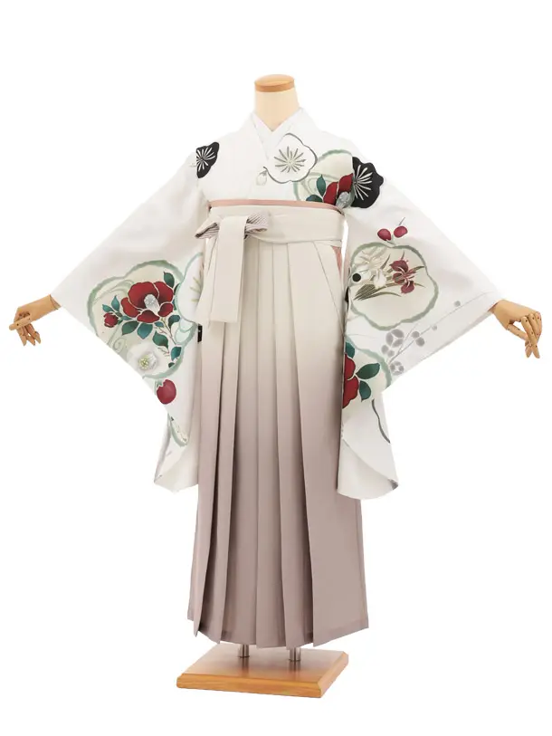 卒業袴T274白地梅椿×クリームぼかし　