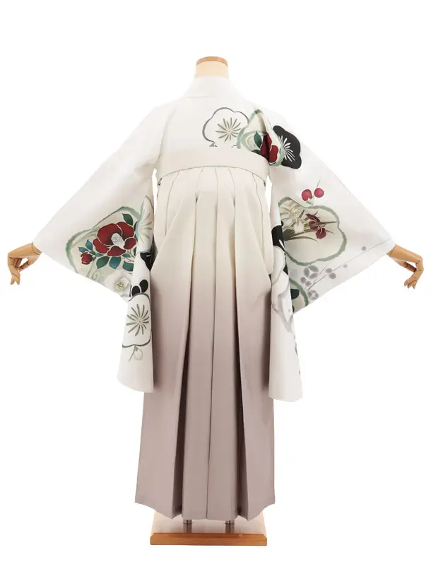 卒業袴T274白地梅椿×クリームぼかし　