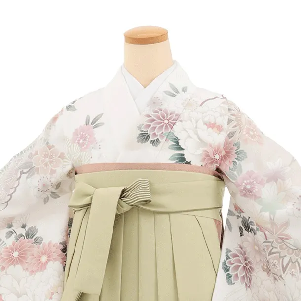 卒業袴T276白地まりに花×グリーンぼかし　