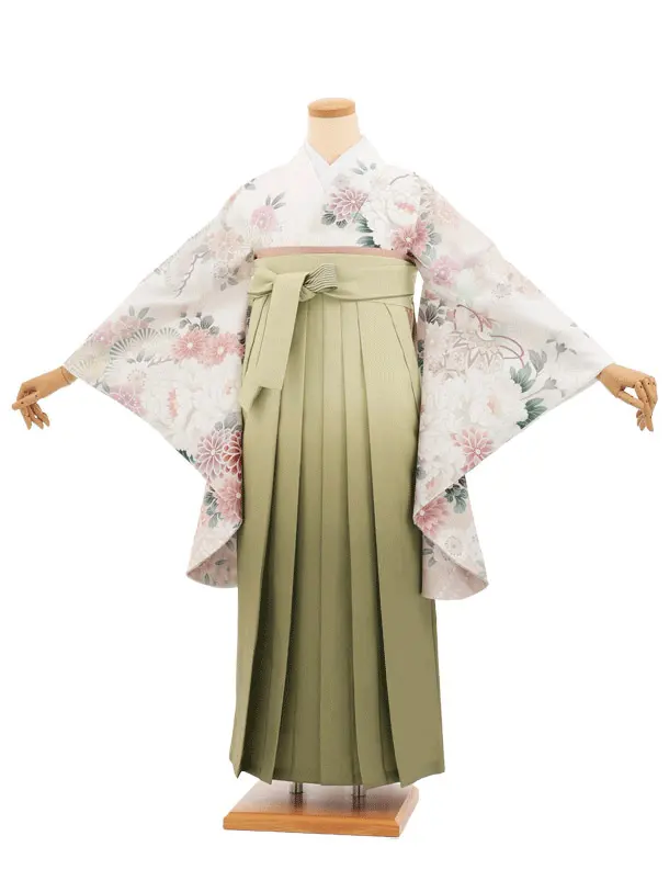 卒業袴T277白地まりに花×グリーンぼかし　　