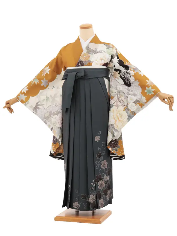 卒業袴T278金茶古典花×グレー花　